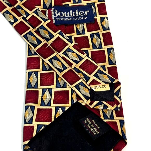 Boulder Trading Group Handmade Silk Tie 4" x 58" Maroon Gold Blue Made in USA - Picture 4 of 5